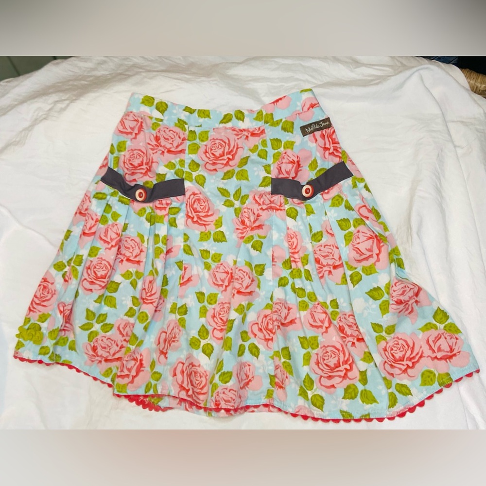 Matilda Jane Pink Rose Print Circle Skirt with Navy Tabs